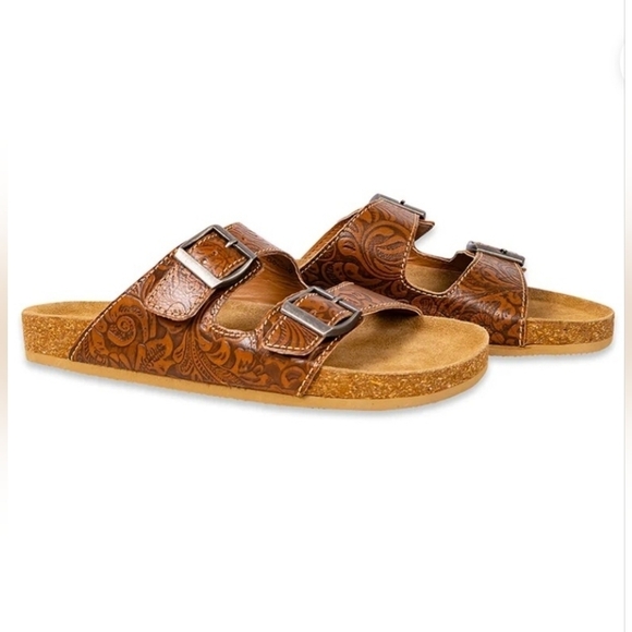 Myra Shoes Western Hand-Tooled Sandals Footo Cork Flats Open Leather Straps NEW - Picture 7 of 7